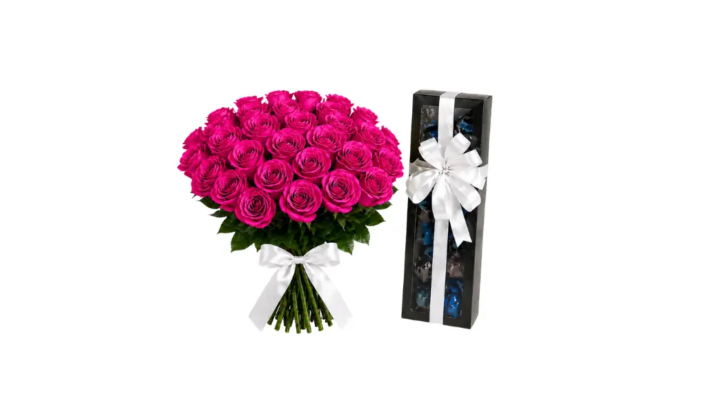 Chocolate Box (240g) &  25 Fuchsia Roses